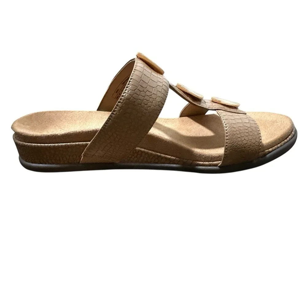 Vionic Women's Serra‎ Slide Sandal Size 9 WIDE Tan T-Strap Slip-on Supportive